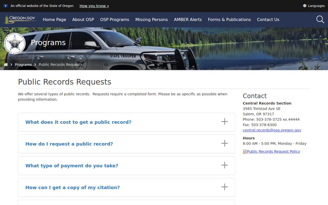 Oregon State Police public records request page
