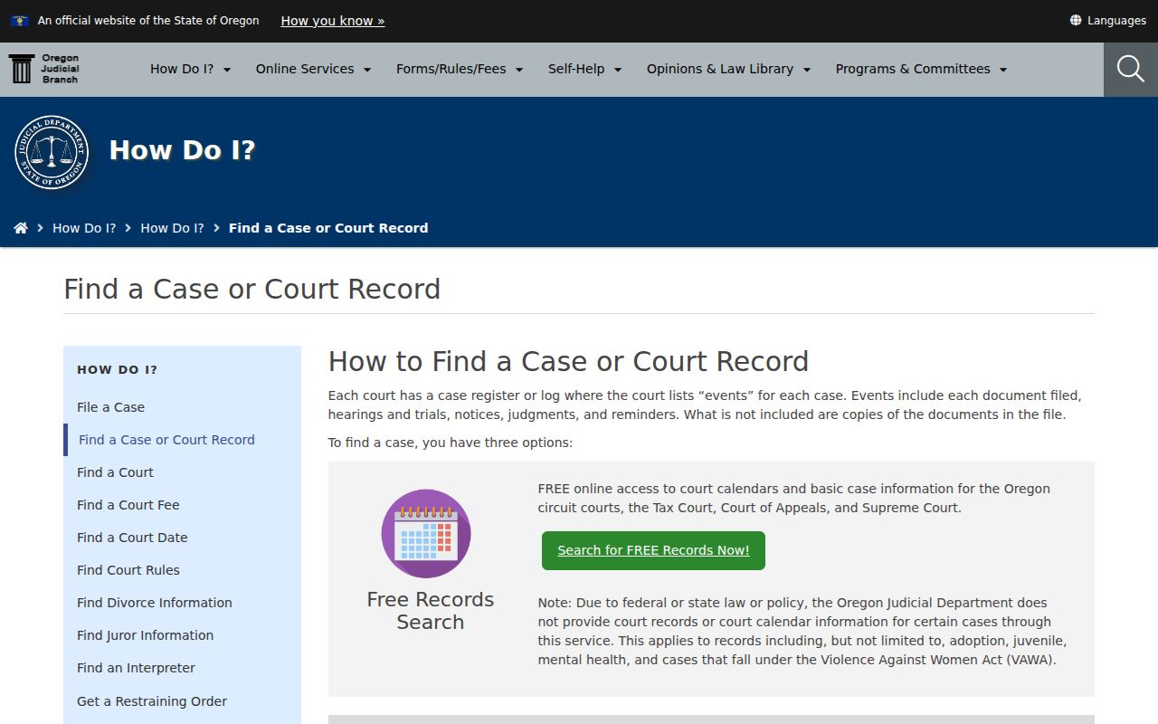 Oregon court case search and OJCIN access page