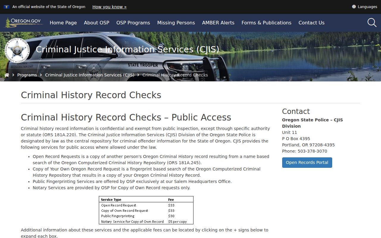 Morrow County criminal history options from Oregon State Police