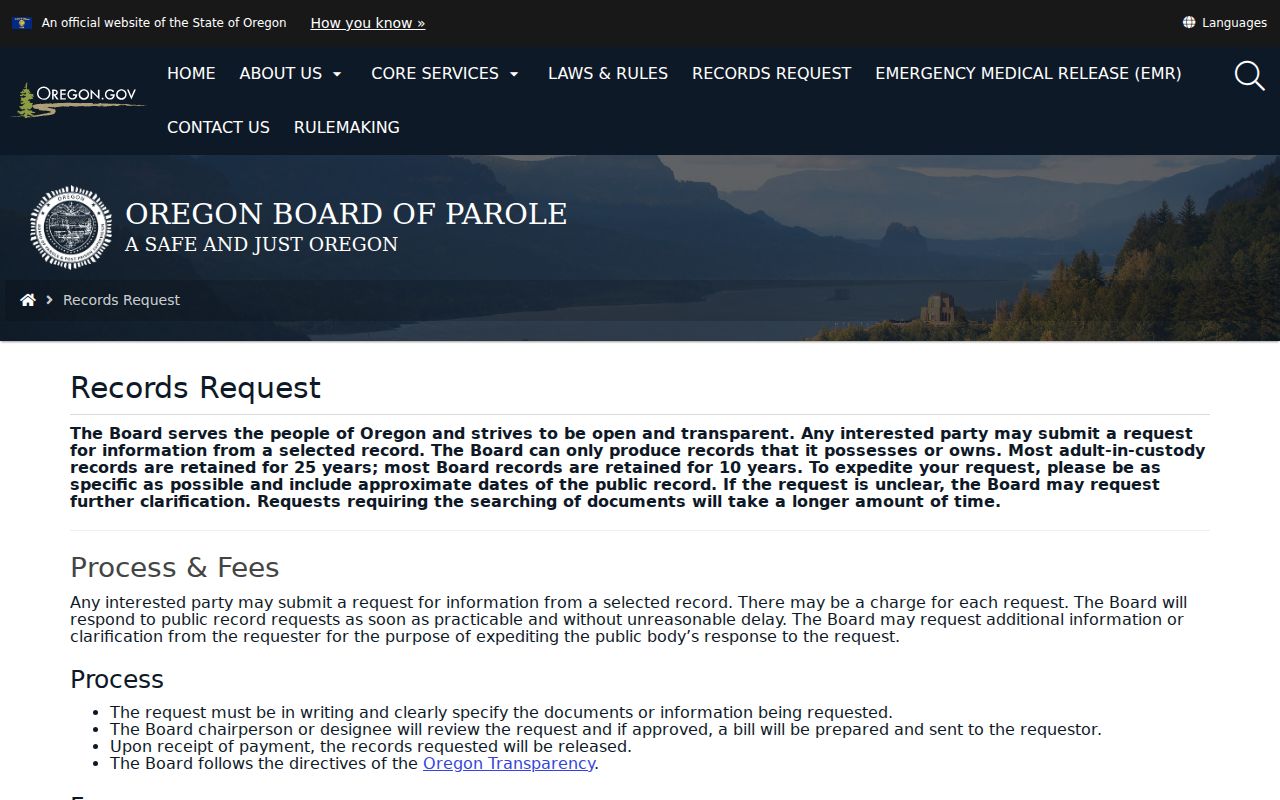 Irrigon criminal history parole records request source